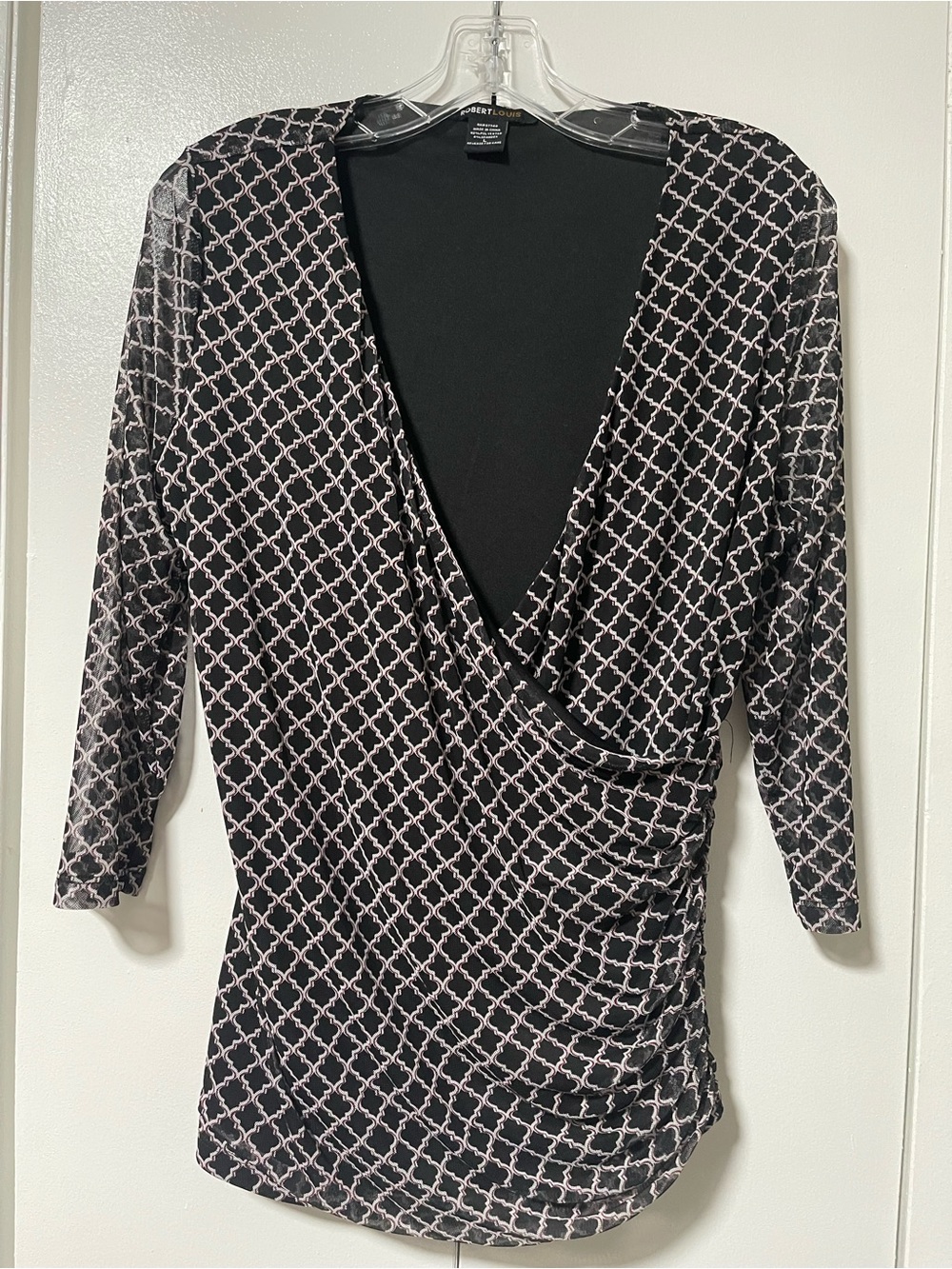 Vintage Y2K Robert Louis Black and White Geometric Wrap-Style Blouse
